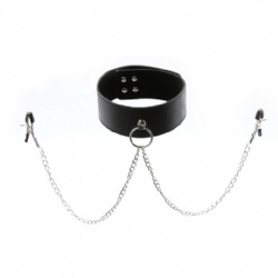 Black Leather Collars With Nipple Clamps